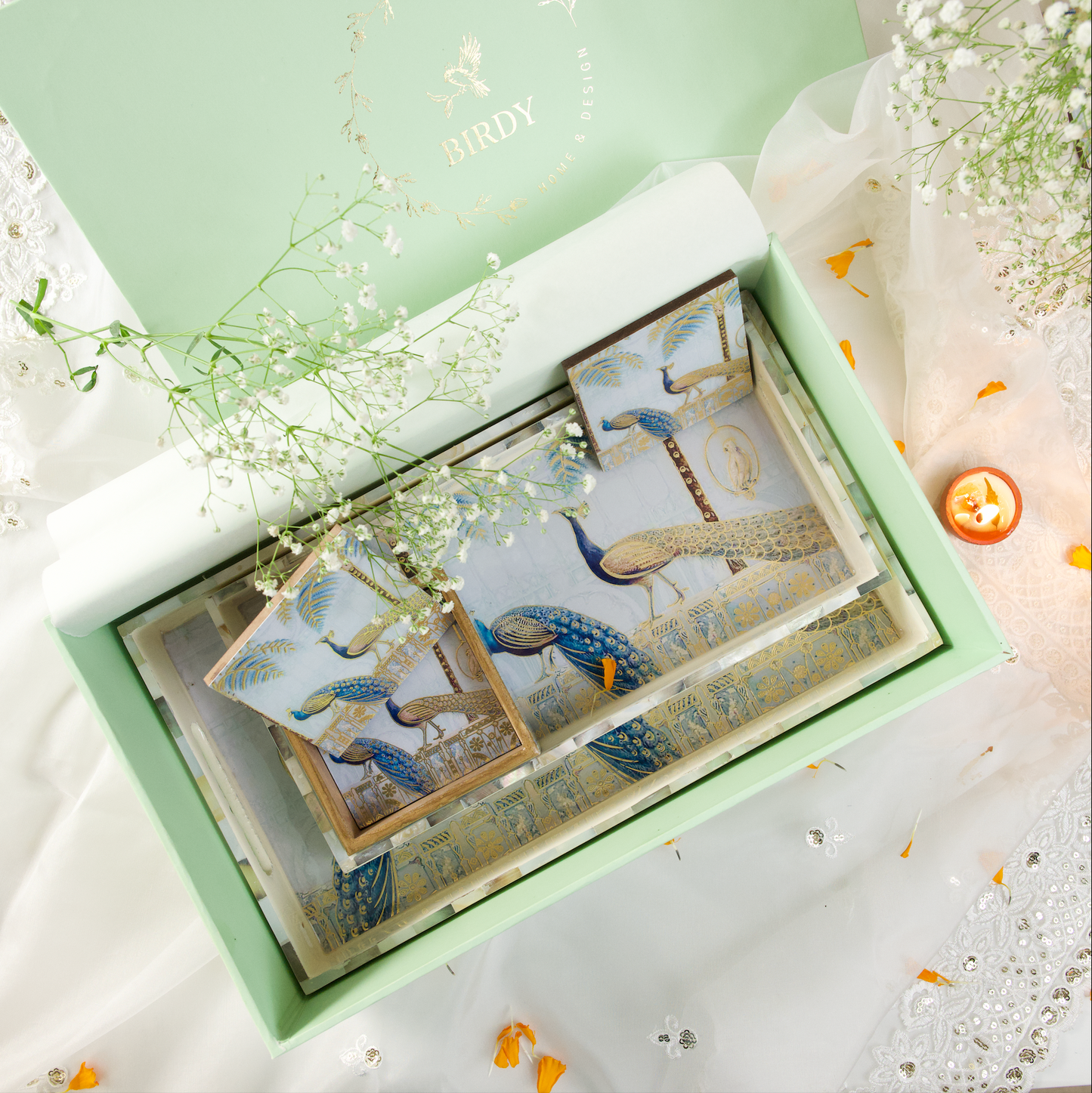 Marble of Pearl and Peacock Themed Set of Trays and Coasters