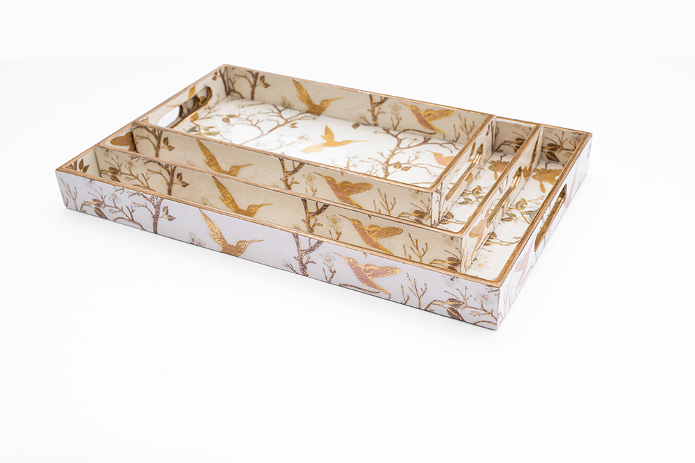 White and Gold Chinoiserie Tray ( Set of 3 )