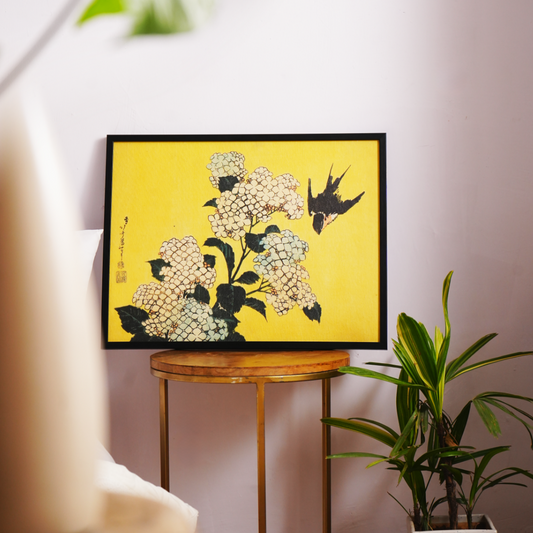 Katushika Hokusai’s “Hydrangeas and Swallow”