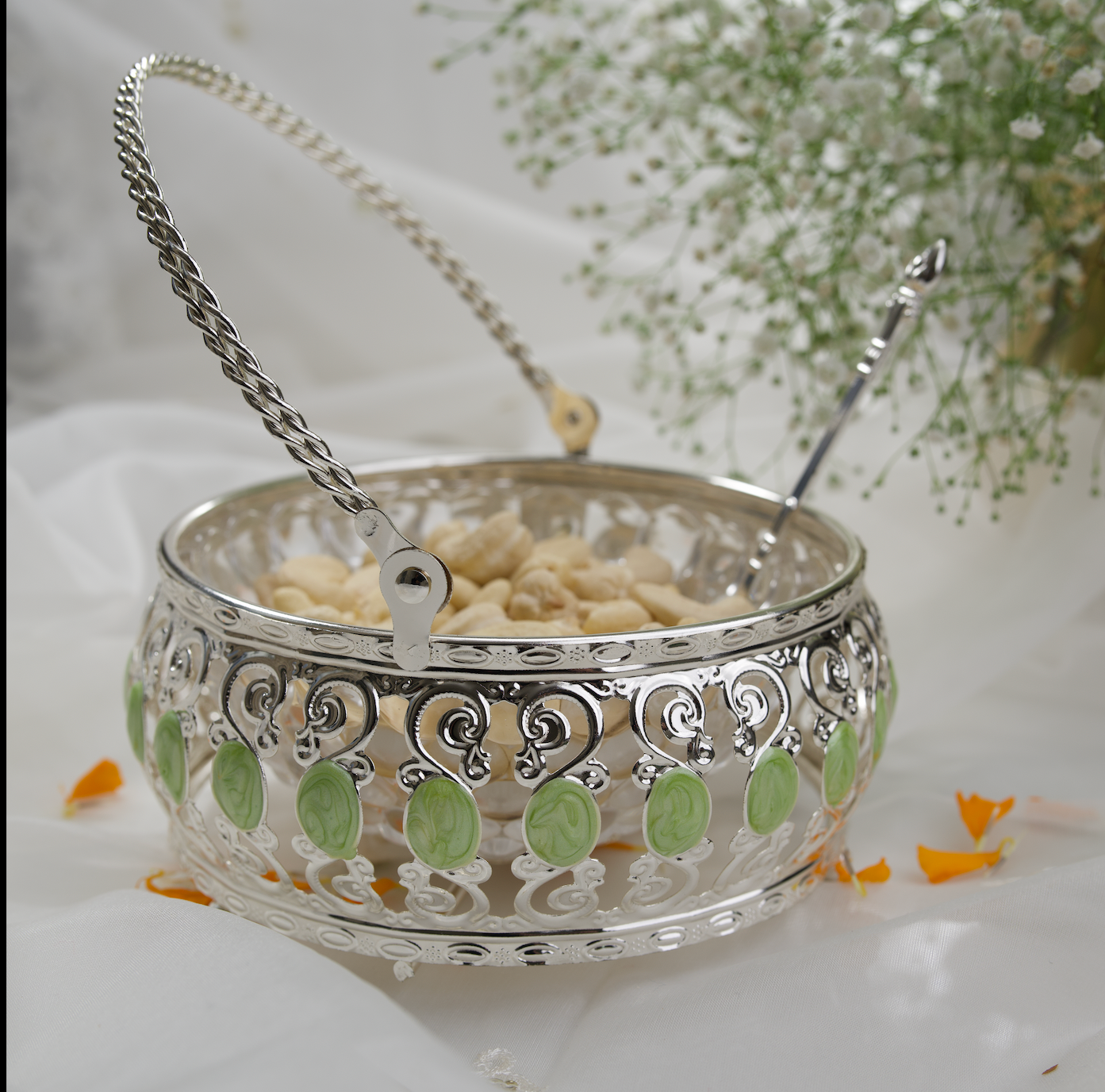 Silver Coated Ornate Basket with Glass Bowl