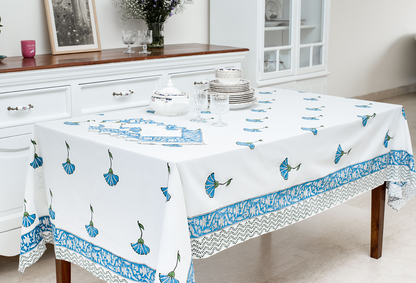 Blue &amp; White Table Cover with Set of Napkins - The Jaipur Collection